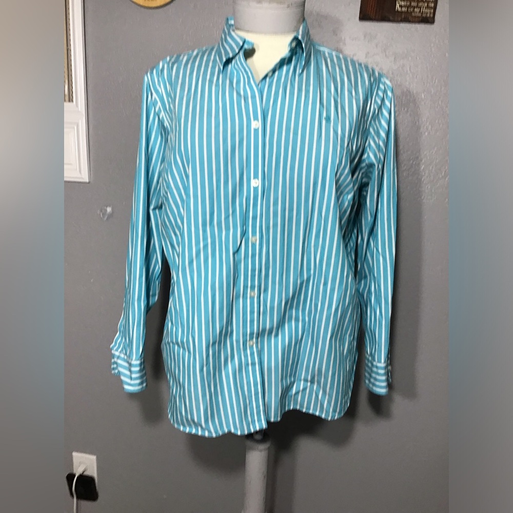 Vintage Polo Ralph Lauren 2X Classic Fit Blue,white Striped Non-Iron 100%Cotton.